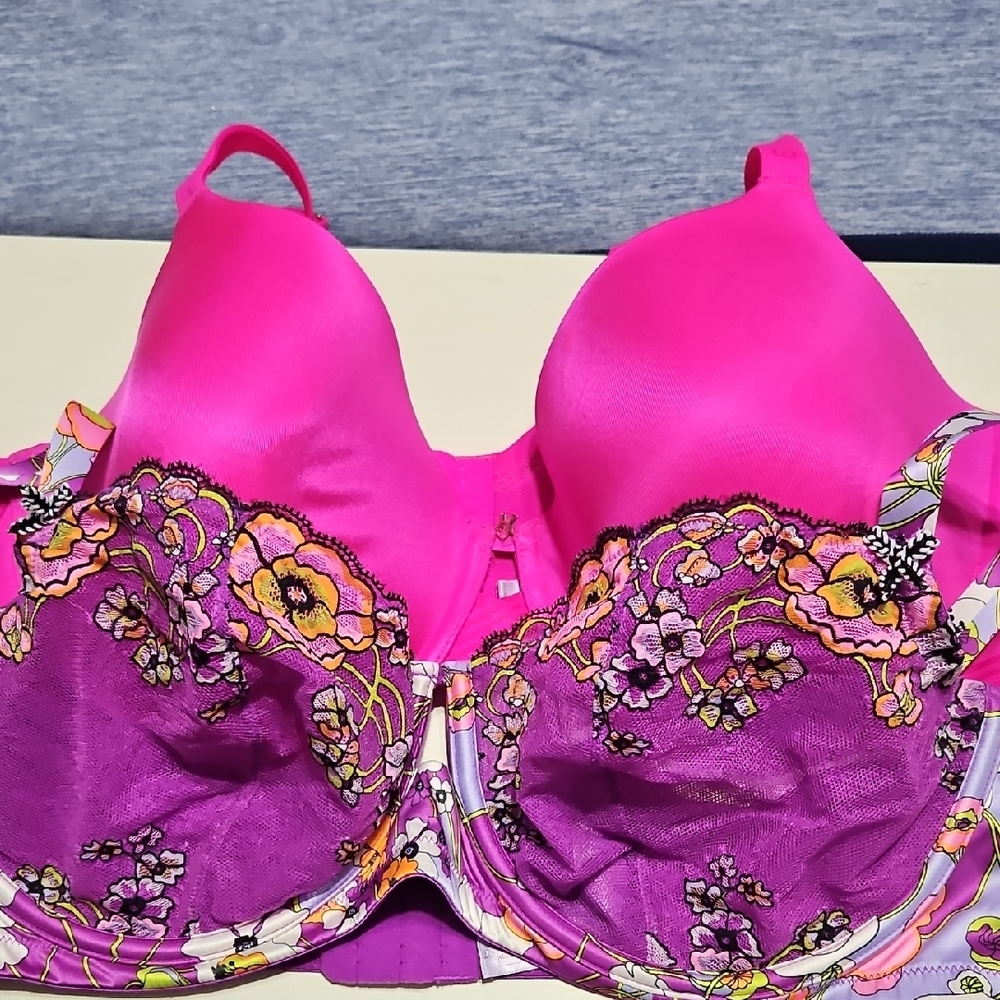 Vibrant Pink and Purple Floral Lace Bra